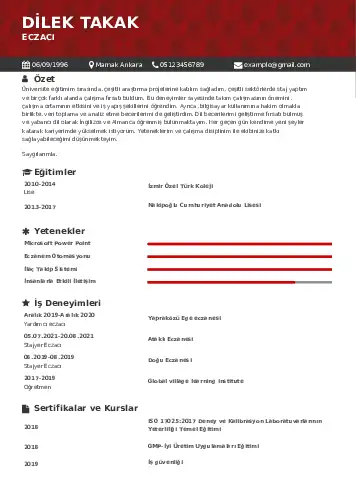 Eczacı CV Örnekleri cv indir